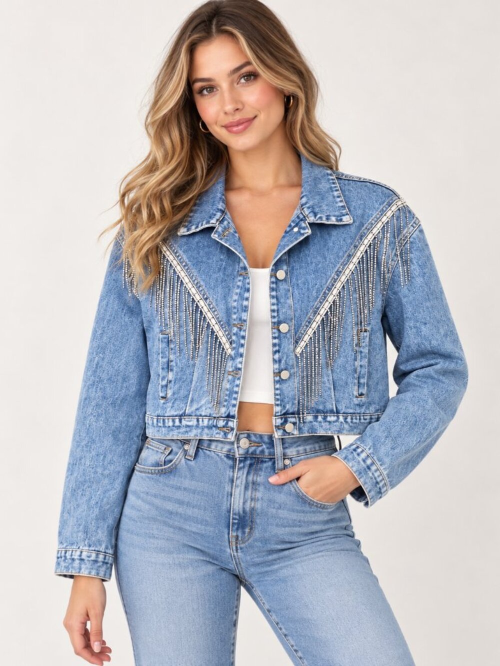Sweet Generis Rhinestone Fringe Denim Jacket Women’s M Y2k
